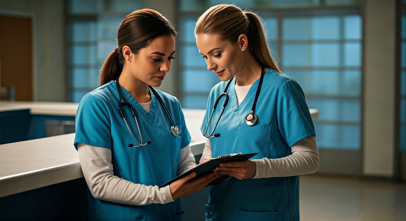 two nurses in scrubs reviewing a clipboard together at a nursing station, soft hospital lighting, no readable text