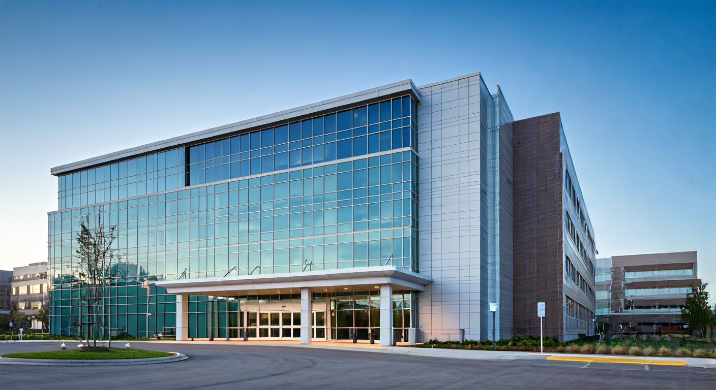 exterior of a modern American hospital building with glass facade, clear day, no readable signage